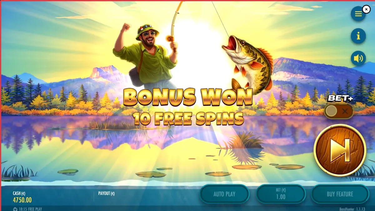 Cenário subaquático sereno do slot Bass Hunter com peixes e equipamentos de pesca