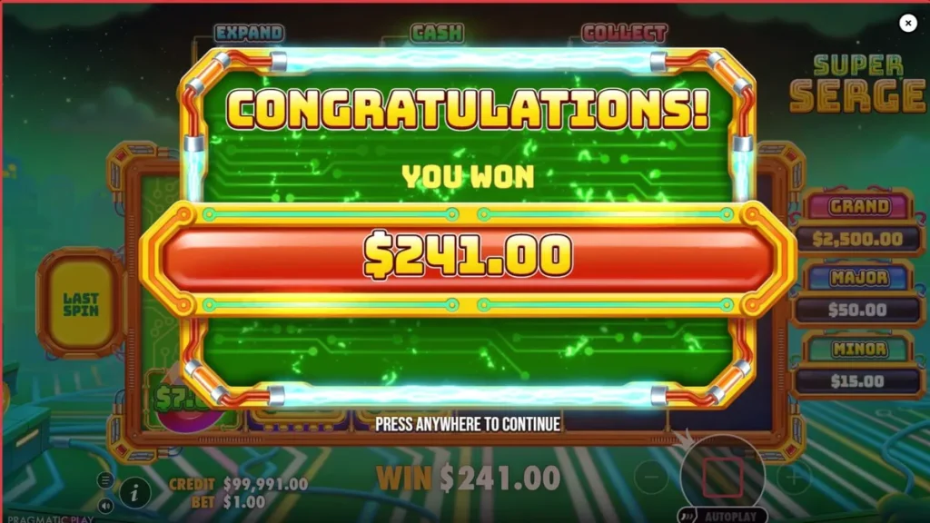 Interface vibrante e futurista do slot Super Serge com elementos neon.