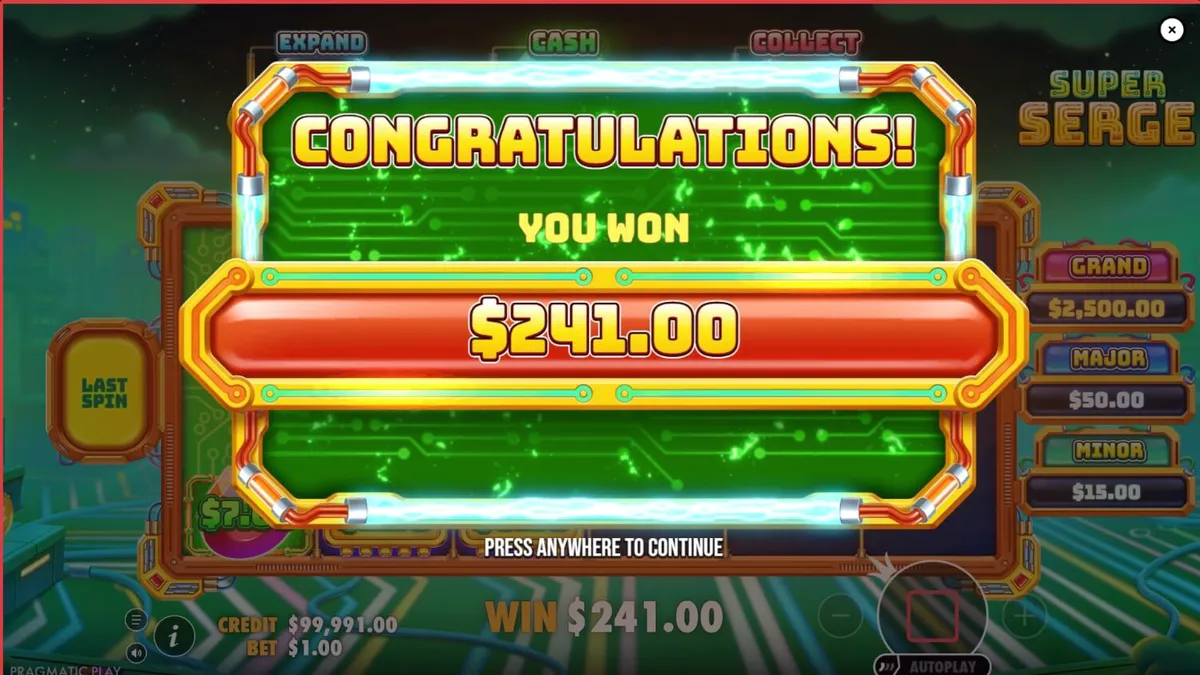 Interface vibrante e futurista do slot Super Serge com elementos neon.