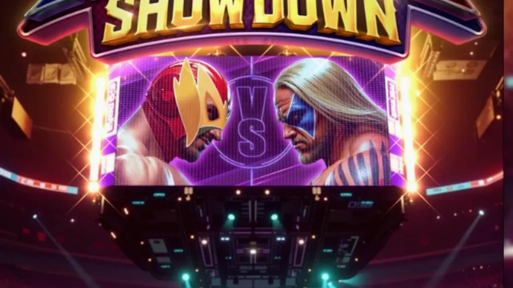 Interface do jogo Reel Royale Showdown com lutadores e elementos de ringue